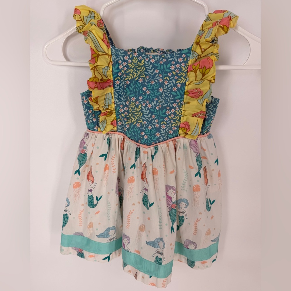 Wildflowers Kids Dress - Blue, Yellow, White Mermaid and Flowes - Size 4